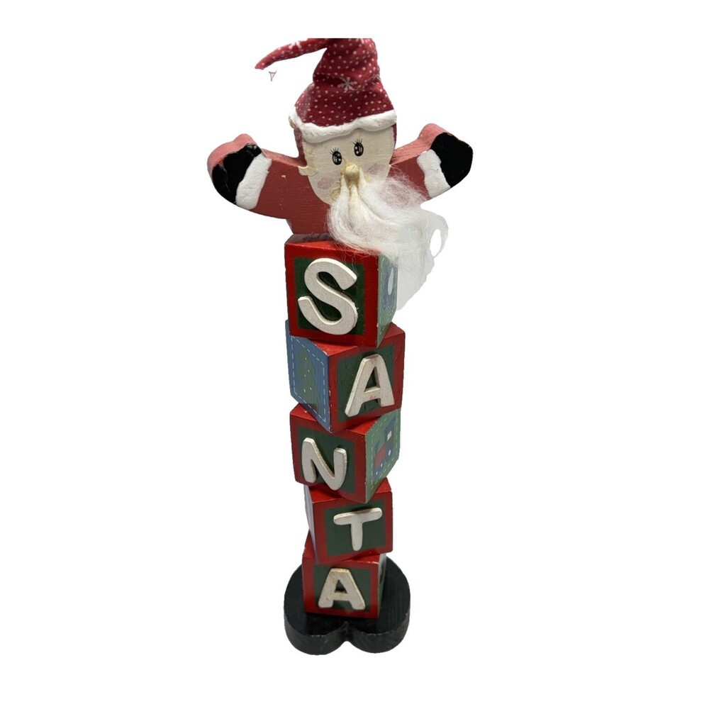 Christmas Santa Wooden 4 Sided Block Tower- Hand Painted Holiday Decor 12”